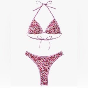 String Two Piece String Bikini Set SMALL Cheeky Thong Triangle Halter Swimsuit